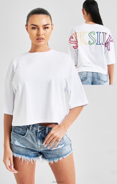 SikSilk λευκό επώνυμο crop t-shirt ουράνιο τόξο γυναίκες ενδύματα 48N8Z47