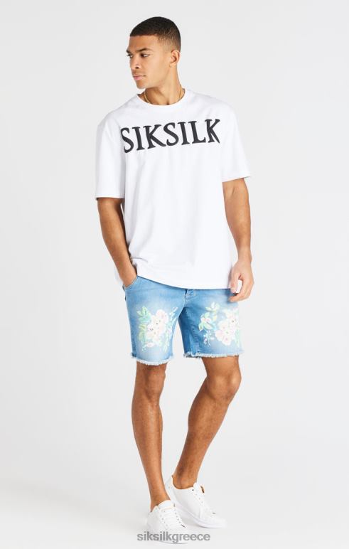 SikSilk ακατέργαστο φλοράλ τζιν σορτς - ανοιχτό μεσαίο μπλε άνδρες ενδύματα 48N8Z601