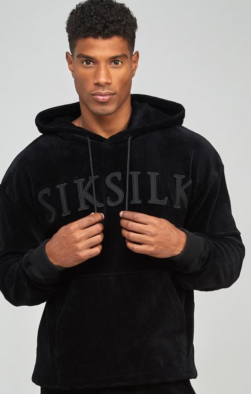 SikSilk Μαύρο κοτλέ απλικέ λογότυπο πάνω κουκούλα άνδρες ενδύματα 48N8Z414